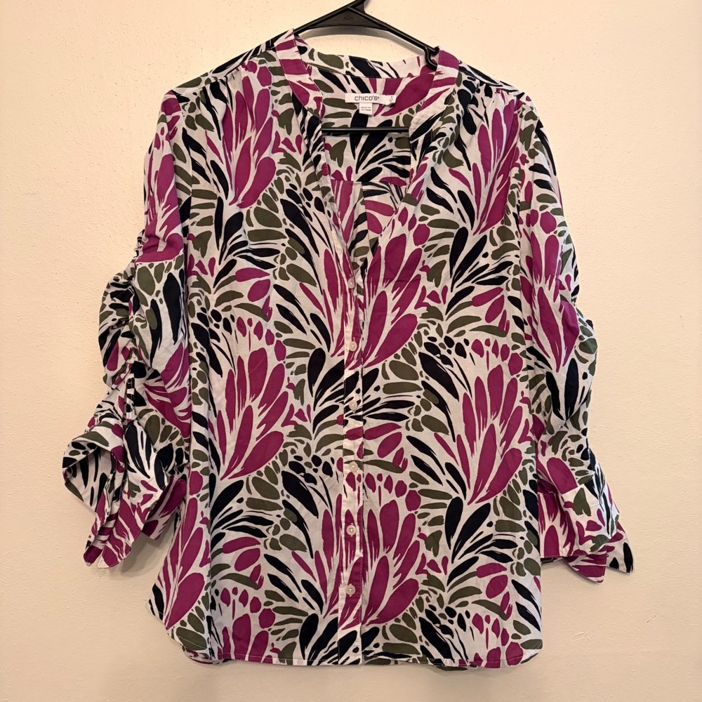 Chico's Button Down Top Women 3 16 Multicolor Ruched Sleeve Floral Art